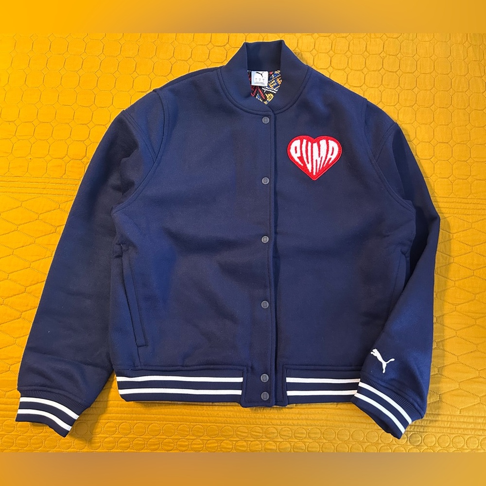 Puma Sticker Pack Varsity Jacket Navy Blue Wool Blend 632832 01 Mens Large NEW